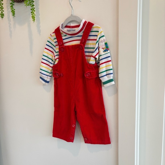 OshKosh B'Gosh Vintage 80's Rainbow Striped Mock Neck 18 mos Shirt Red Overalls - Picture 2 of 14